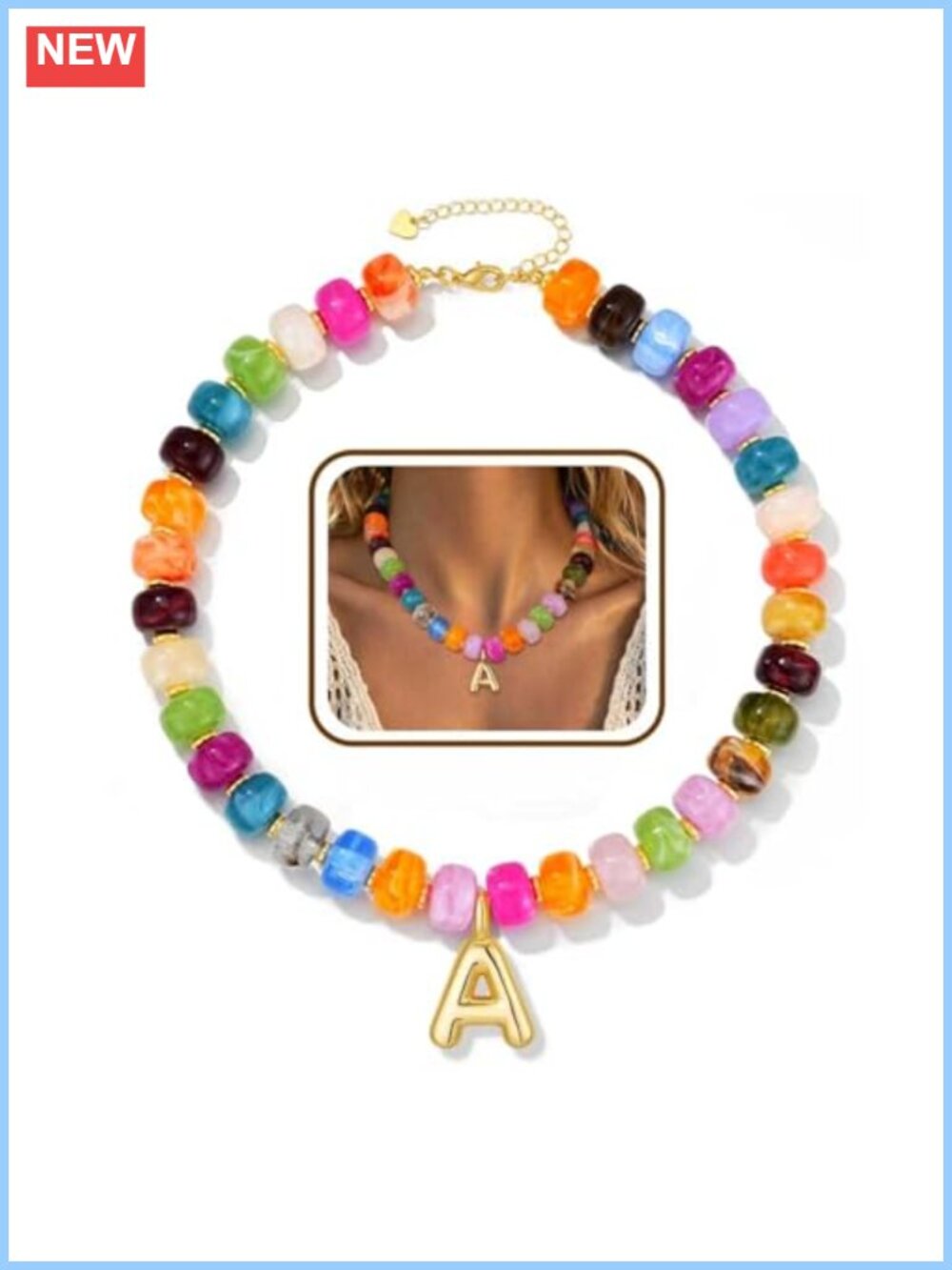 Chunky Beaded Initial Necklace, Non Tarnish Acrylic Bubble Letter Pendant